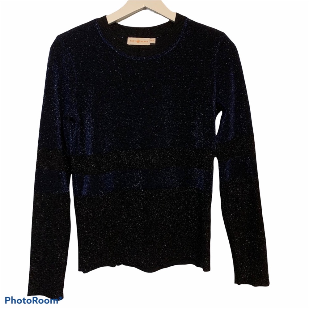 Tory Burch XS color block wool blend pullover crew neck sweater ribbed metallic